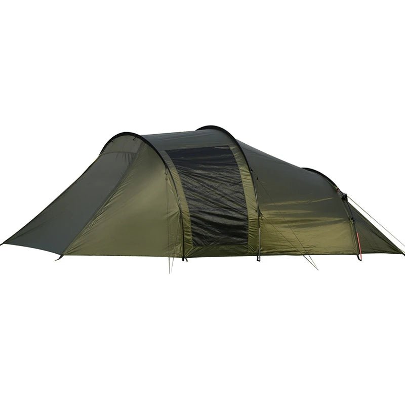 Army green tunnel camping tent with three connected sections and side entrance
