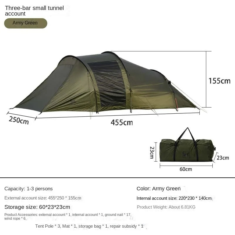 Army green tunnel camping tent size diagram with storage bag dimensions