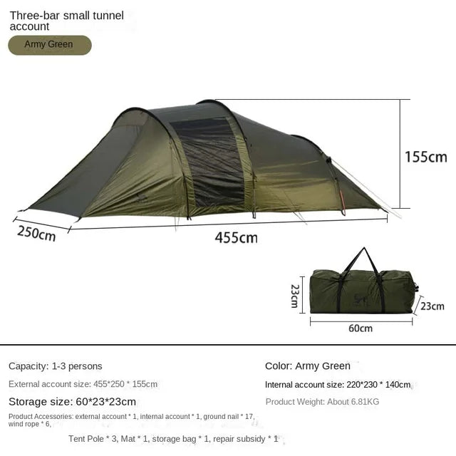 Army green tunnel camping tent size diagram showing tent and packed bag