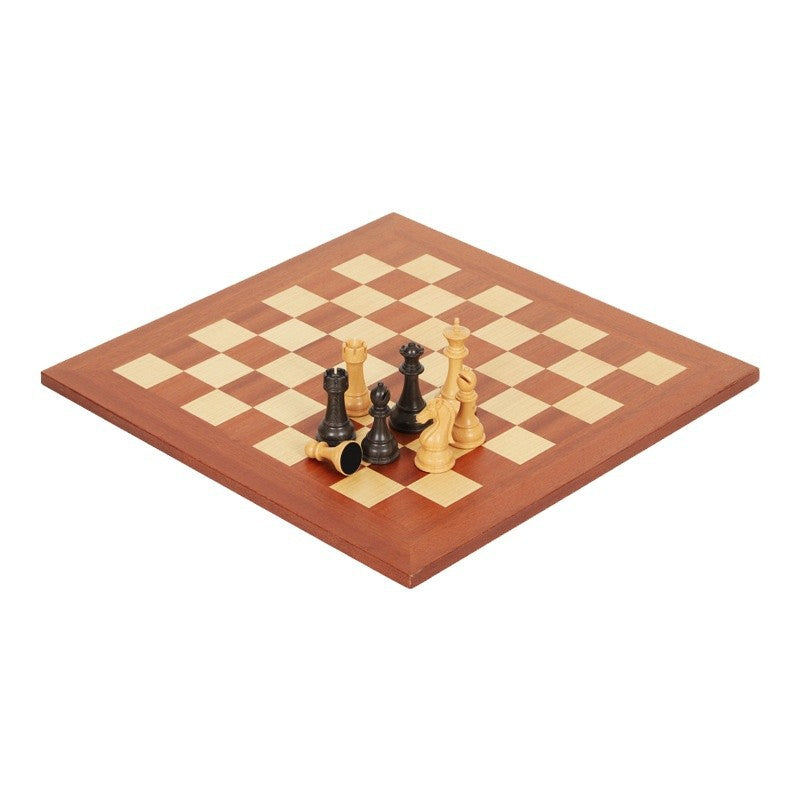 Wooden chessboard with mixed-color chess pieces on checkered square