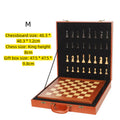 Wooden chess set in open hinged case with checkered board and assorted pieces