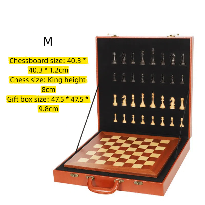 Wooden chess set in open hinged case with checkered board and assorted pieces