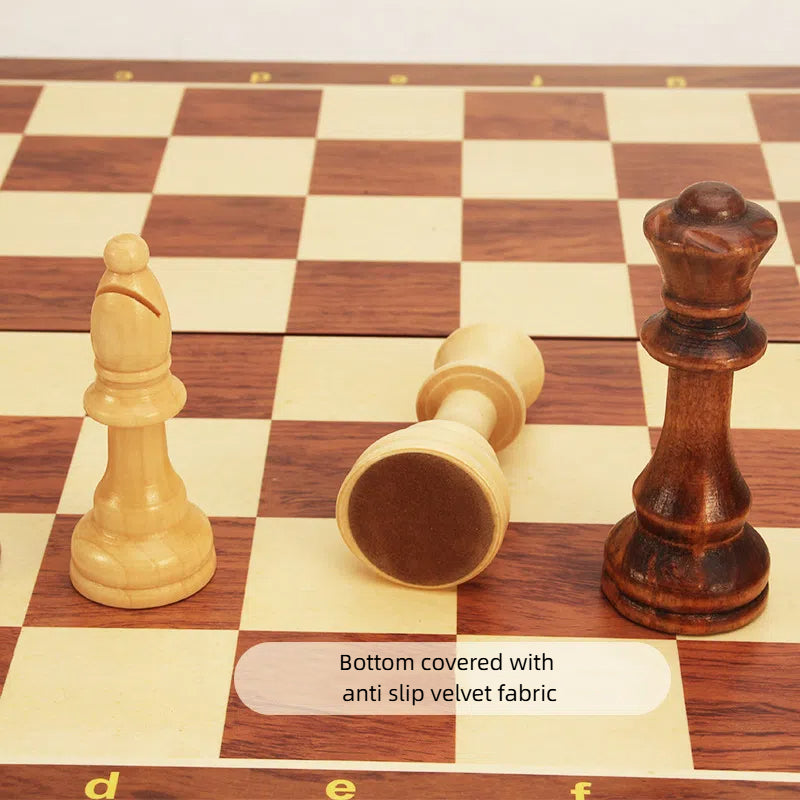 Wooden chessboard with cream and dark pieces on checkered squares, anti-slip base
