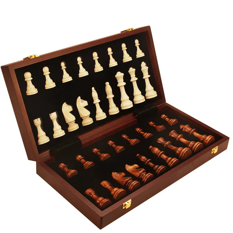 Folding wooden chess and checkers board with magnetic pieces, open case