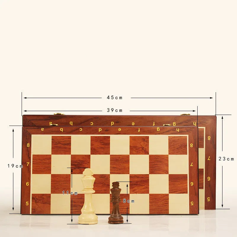 Wooden magnetic chessboard with cream and dark pieces, flat lay view