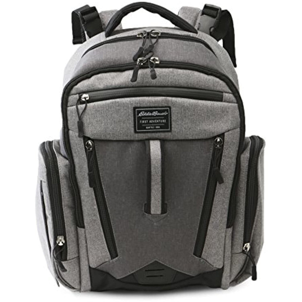 Gray diaper bag backpack with front zip pocket and padded straps