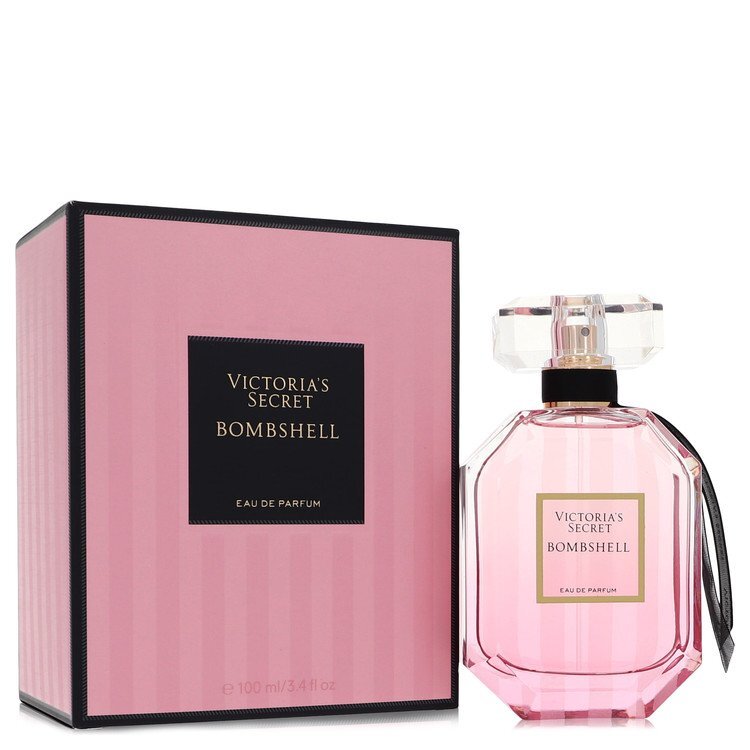 Victoria's Secret Bombshell eau de parfum spray bottle in pink glass with bow, plus box