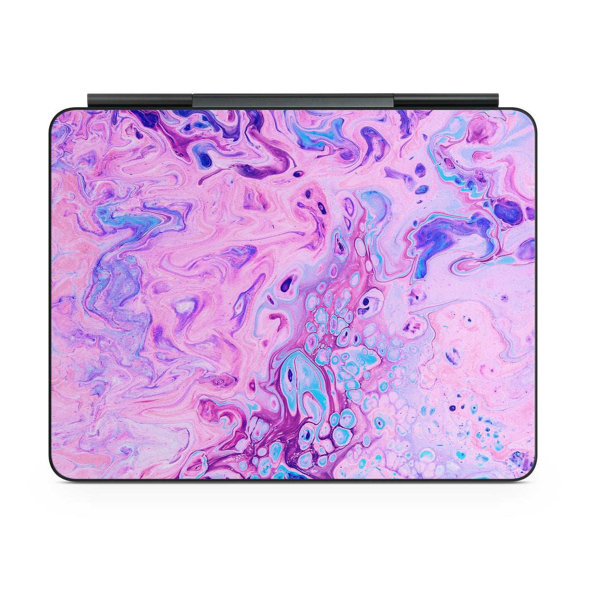 Apple Magic Keyboard iPad skin with purple-pink marbled swirls, side view with kickstand