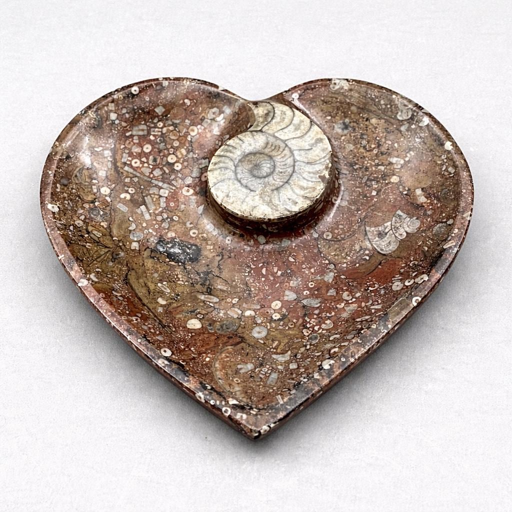 Heart-shaped plate with centered white ammonite inlay on brown speckled surface