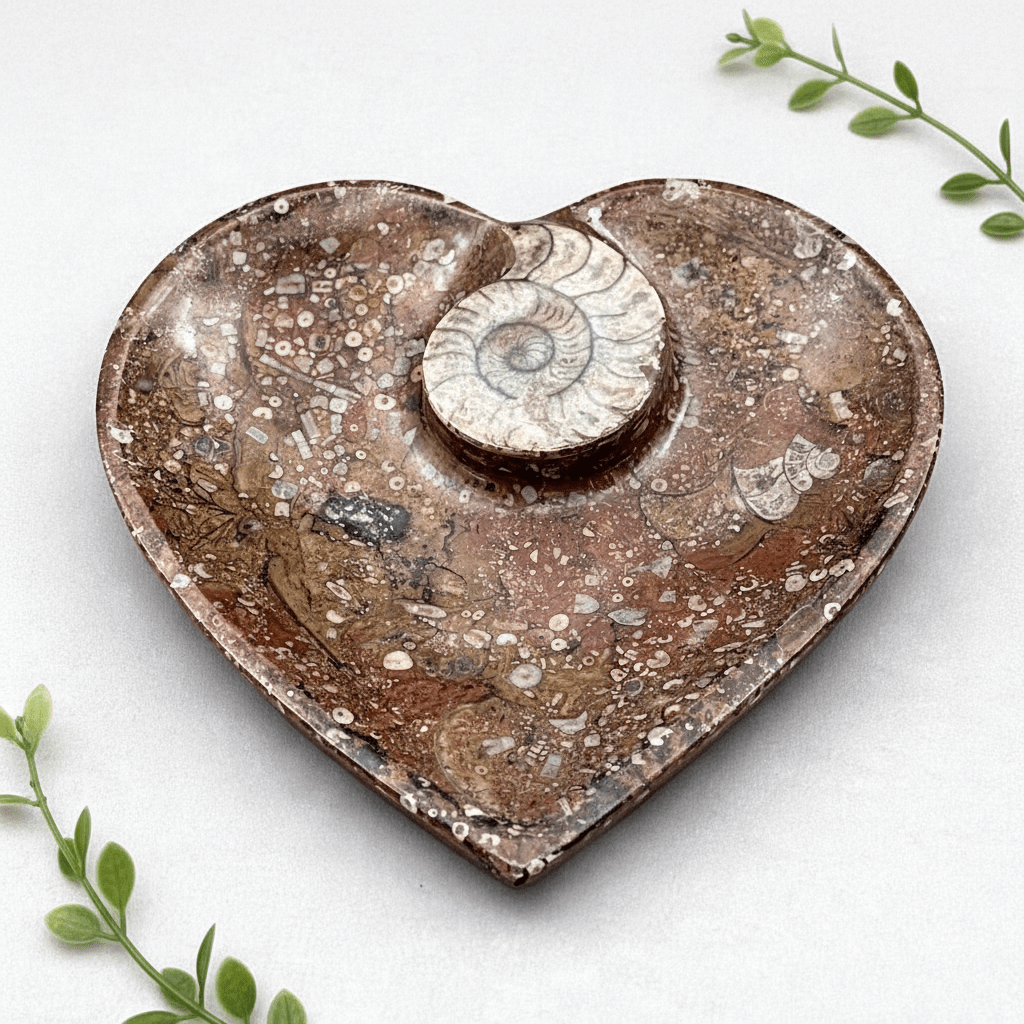 Heart-shaped decorative plate with brown speckled finish and white ammonite inlay