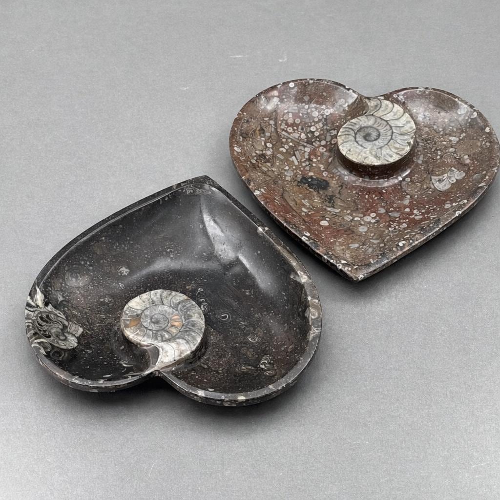 Heart-shaped plates, one brown and one dark, each with white ammonite inlay