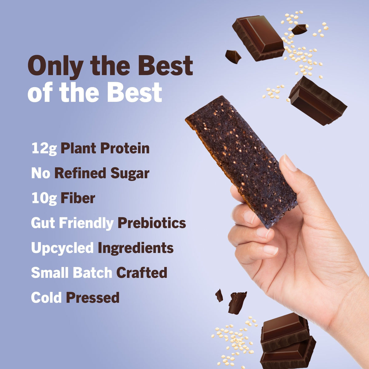 Hand holding a dark chocolate protein bar piece with chocolate flakes