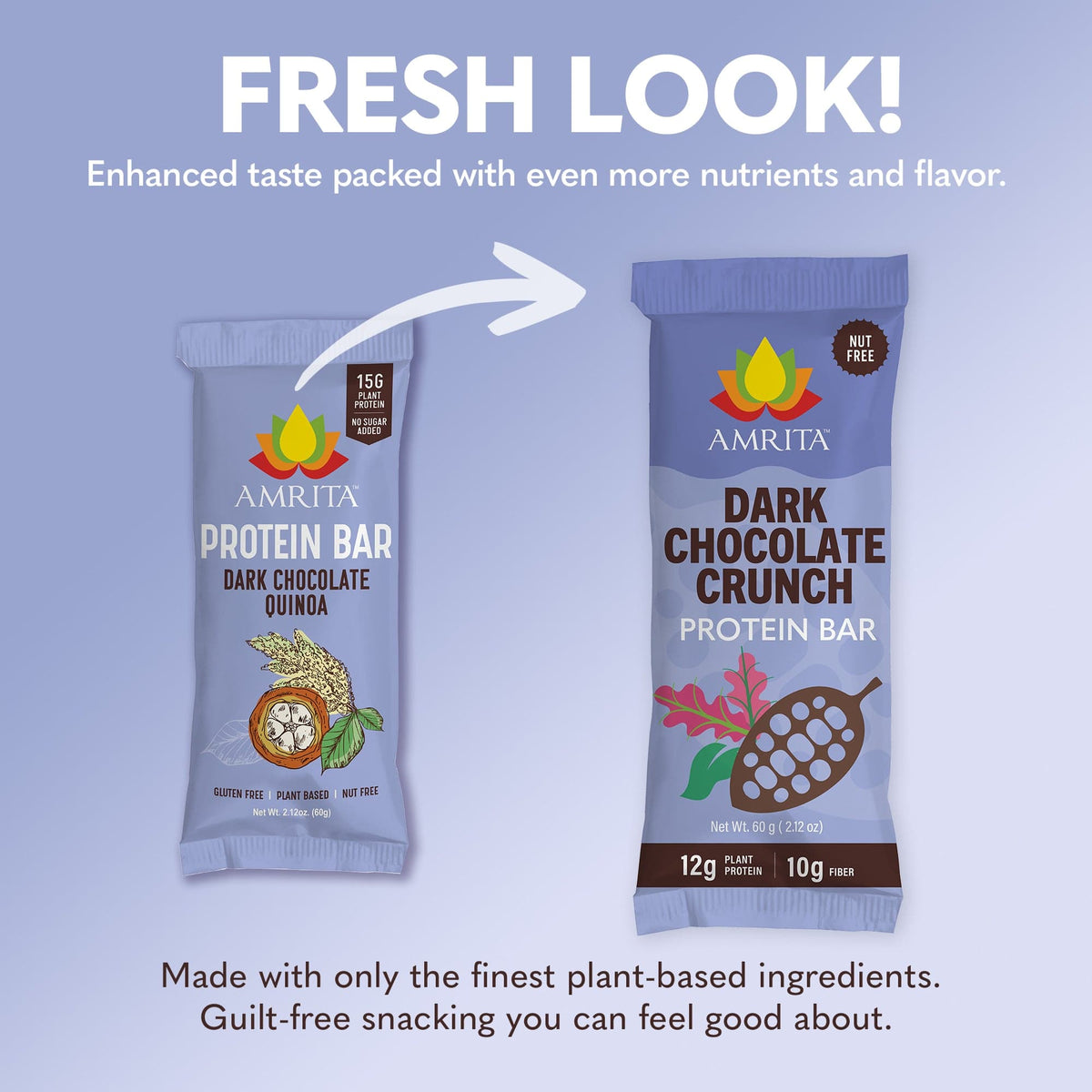 Dark chocolate protein bar two-pack display in AMRITA wrappers