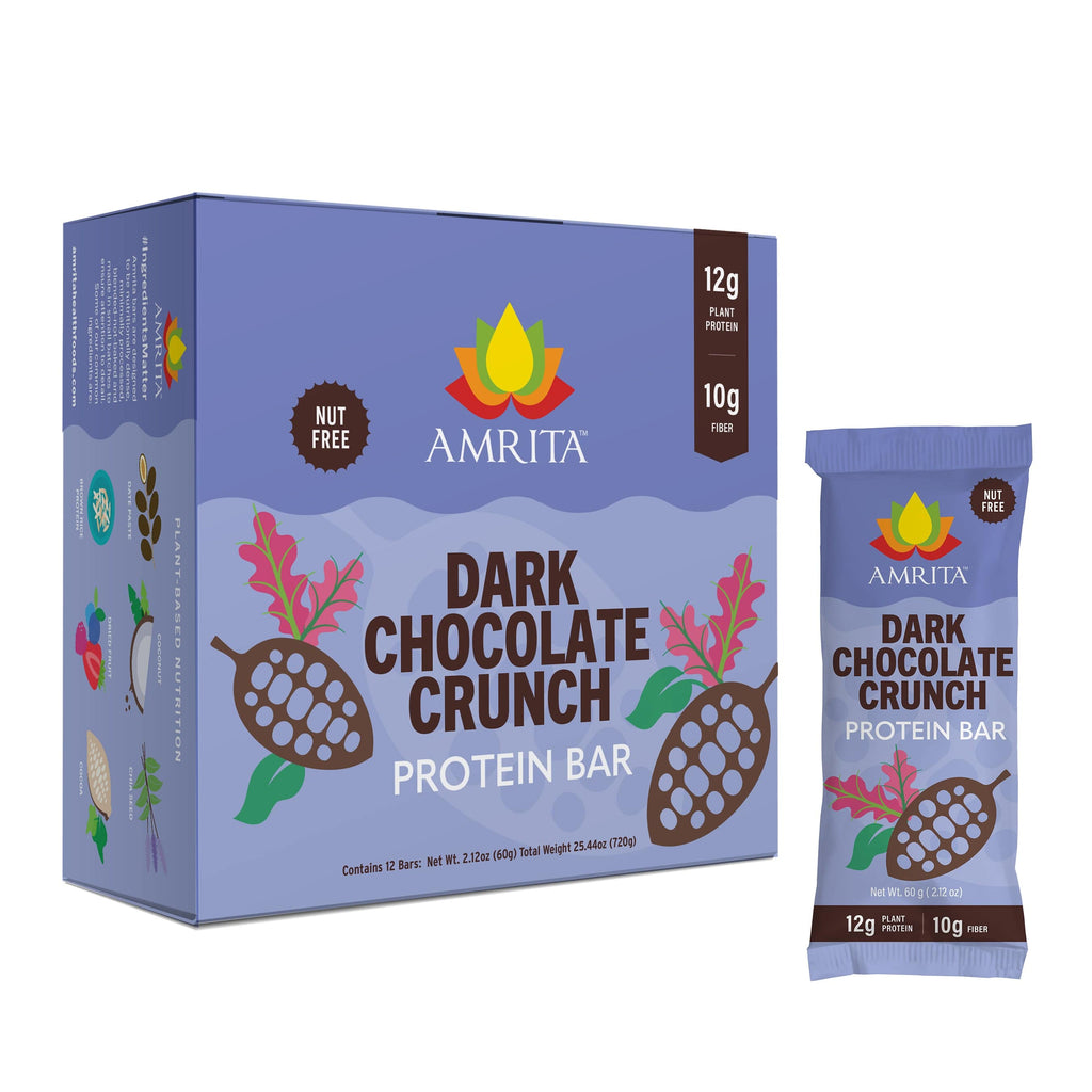 Plant-based protein bar package set with dark chocolate crunch bar and wrapper
