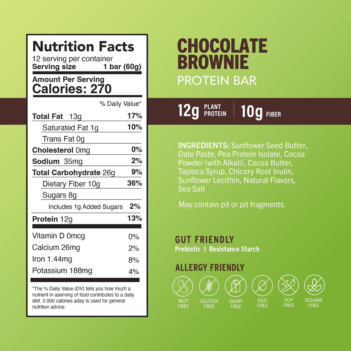 Chocolate brownie protein bar nutrition facts panel, plant protein 12g and fiber 10g