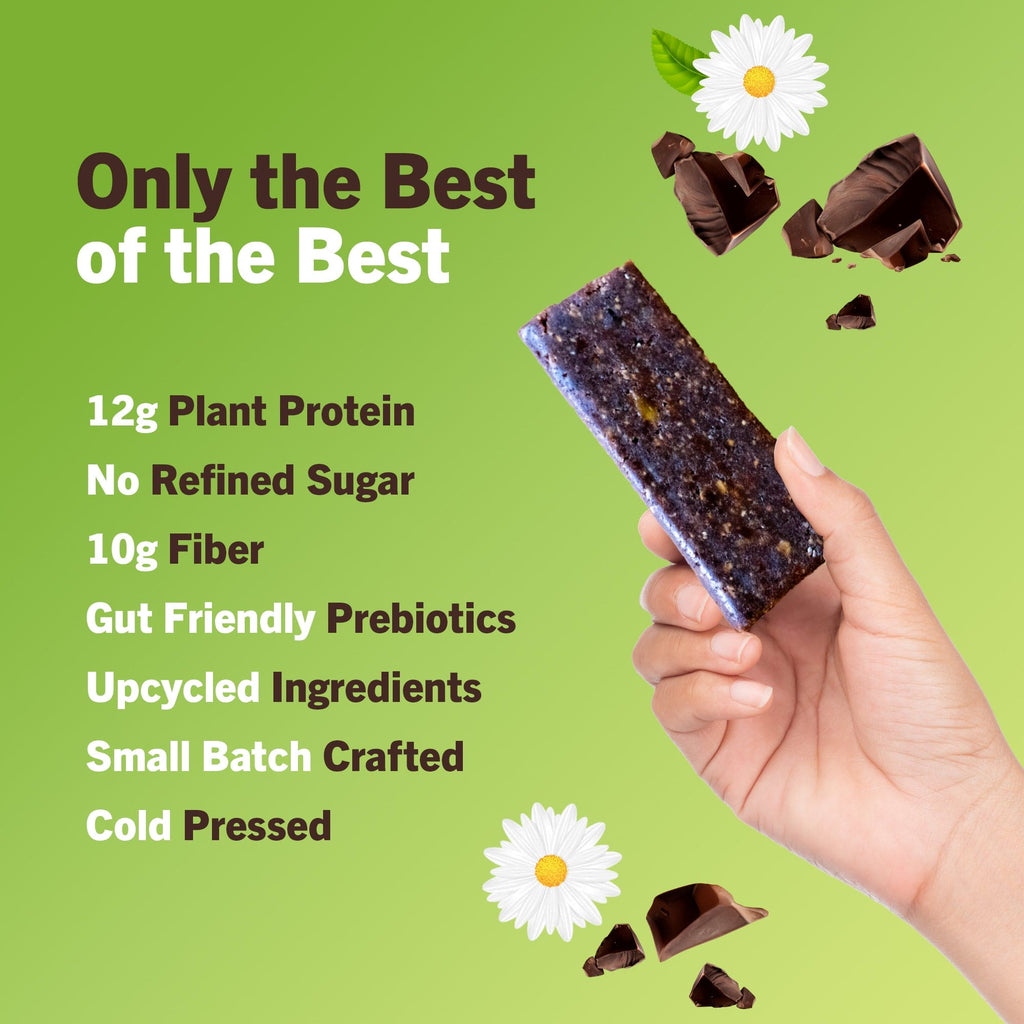 Chocolate brownie protein bar piece held in hand with green pouch