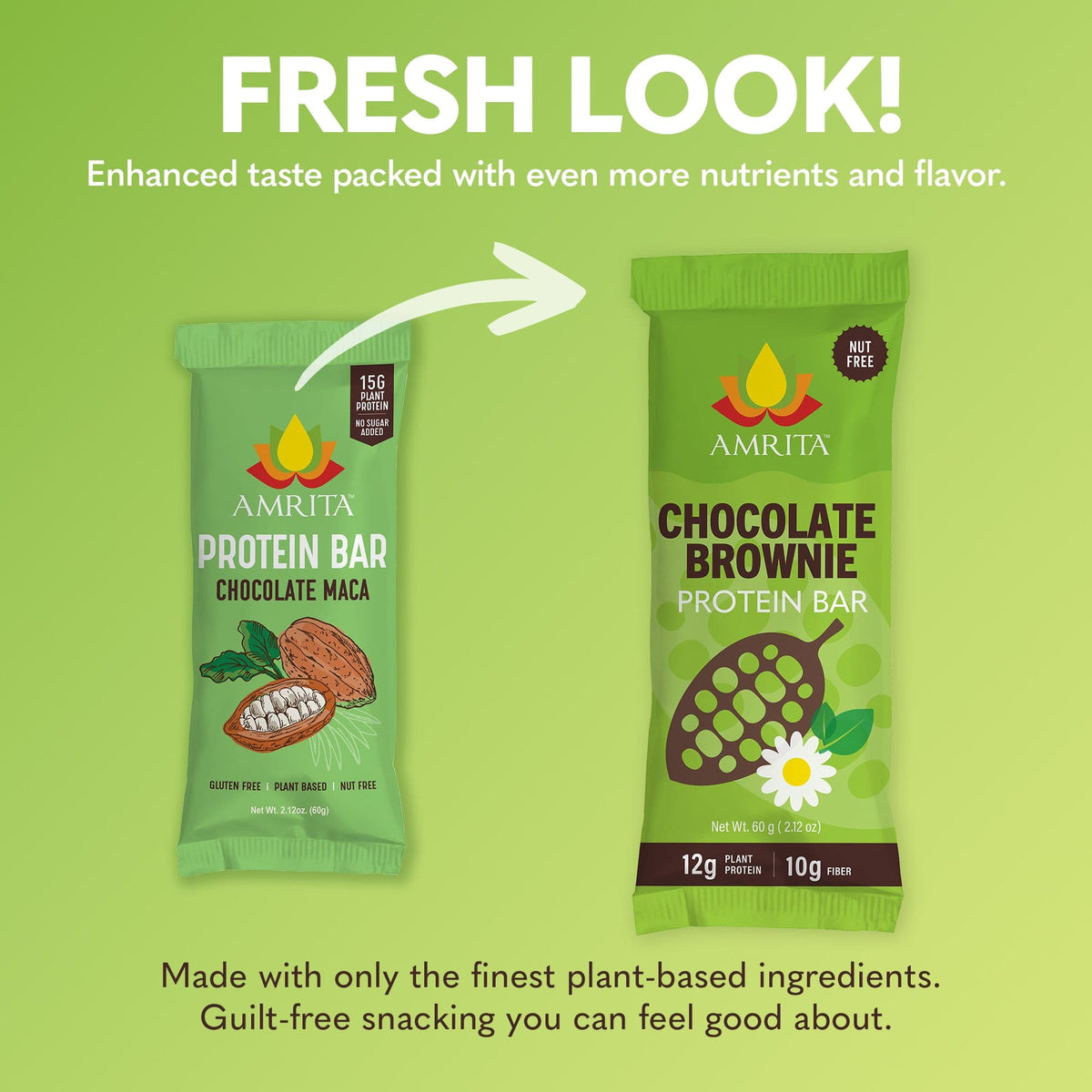 Chocolate brownie protein bar two pouches, green packaging labeled nut free