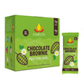 Chocolate brownie protein bar box with matching foil-wrapped bar, green package