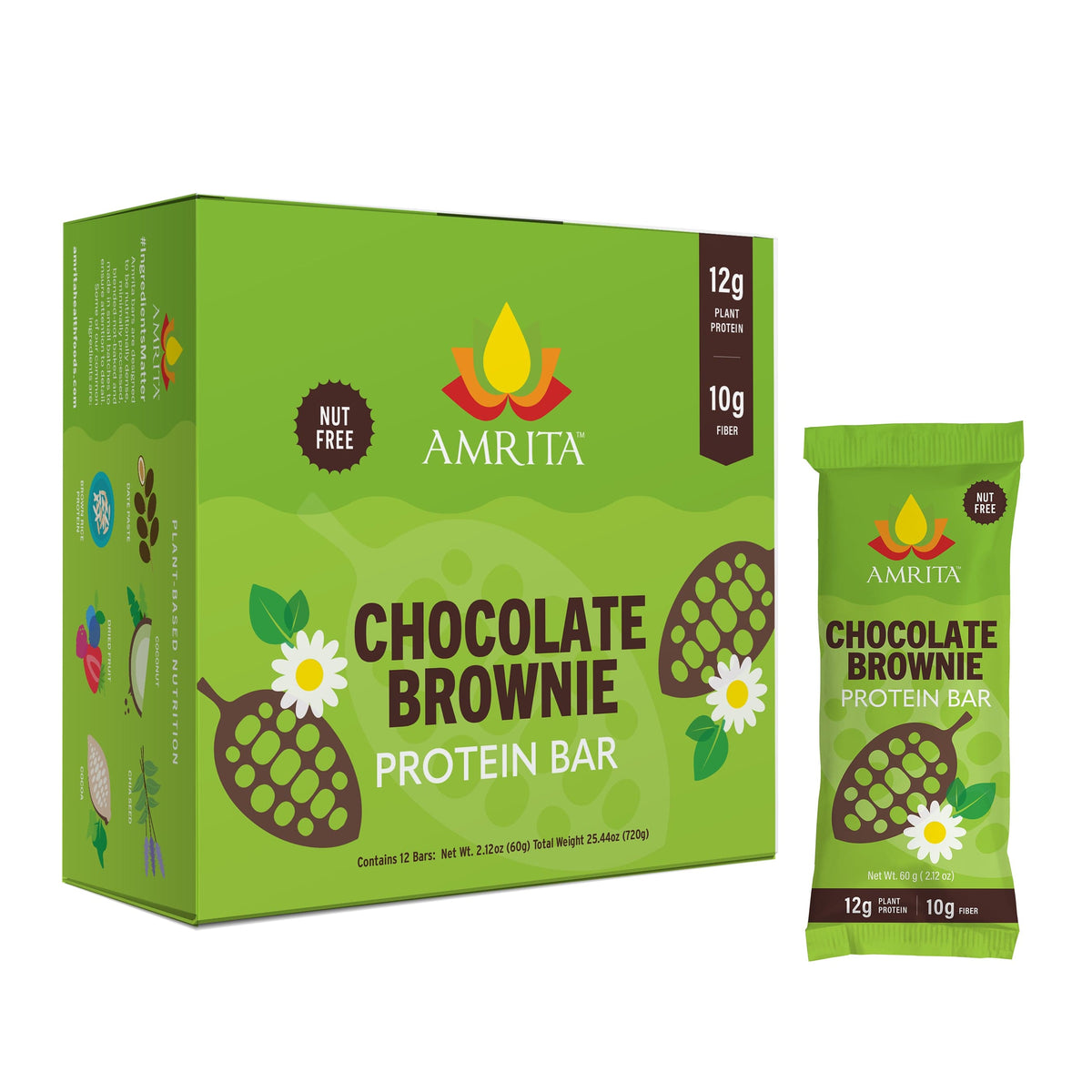 Chocolate brownie protein bar box with matching foil-wrapped bar, green package