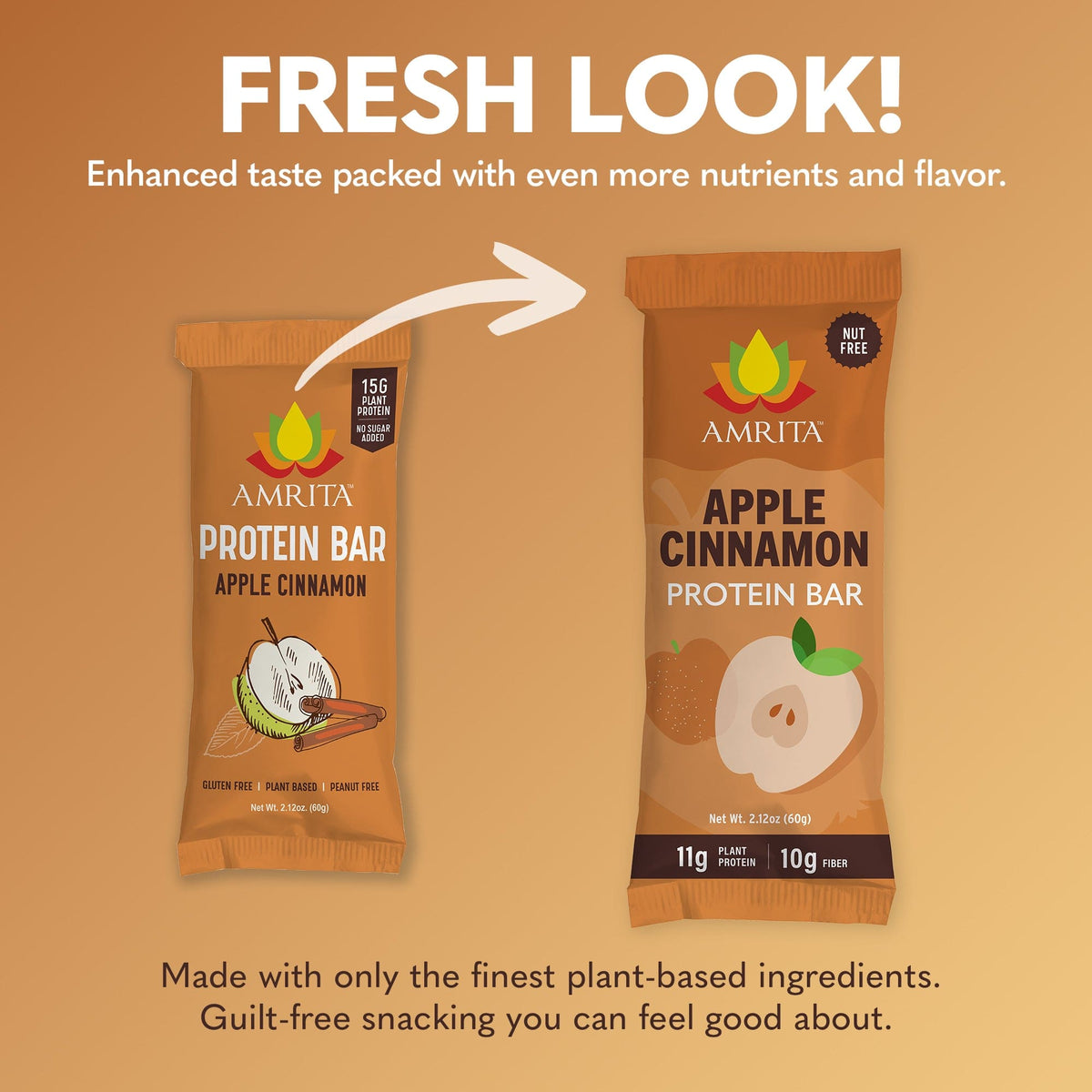 Two AMRITA protein bar pouches, apple-cinnamon flavor, with nutrition highlights