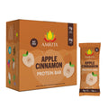 AMRITA protein bar box and pouch, apple-cinnamon flavor packaging in brown