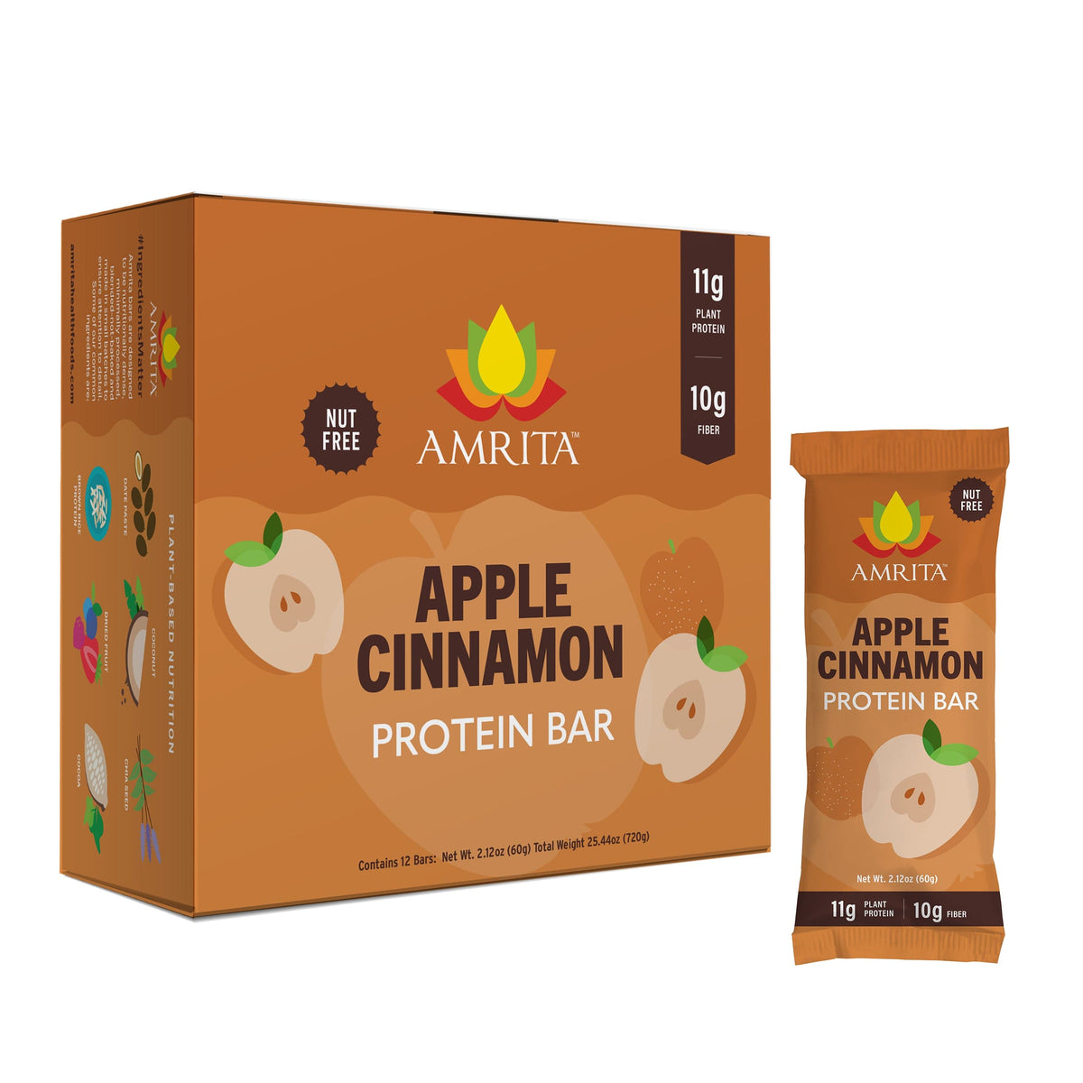 AMRITA protein bar box and pouch, apple-cinnamon flavor packaging in brown