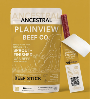 Ancestral beef stick pouch with yellow label and small stick sleeve, 9g protein