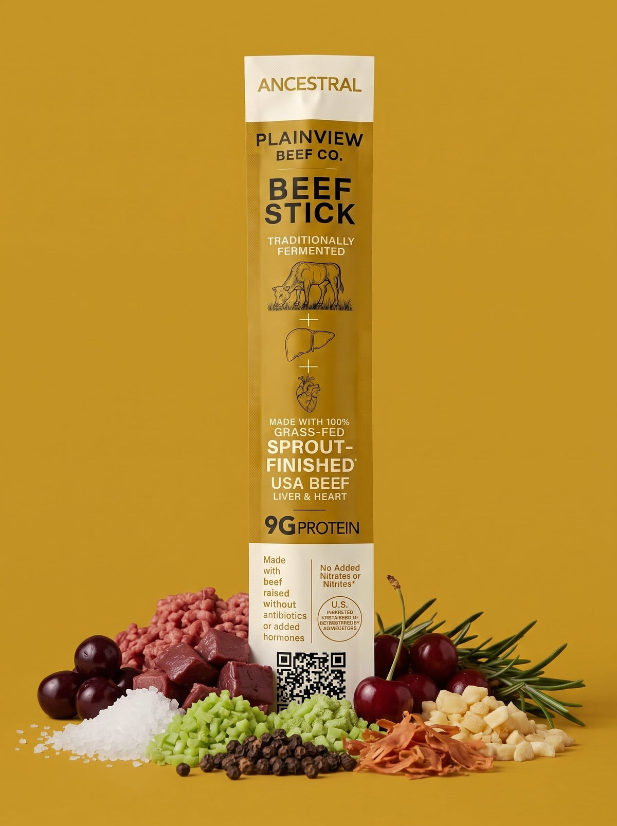 Ancestral beef stick package with yellow label, beef stick pieces, 9g protein