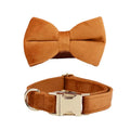 Orange velvet dog bowtie and matching collar with silver metal buckle