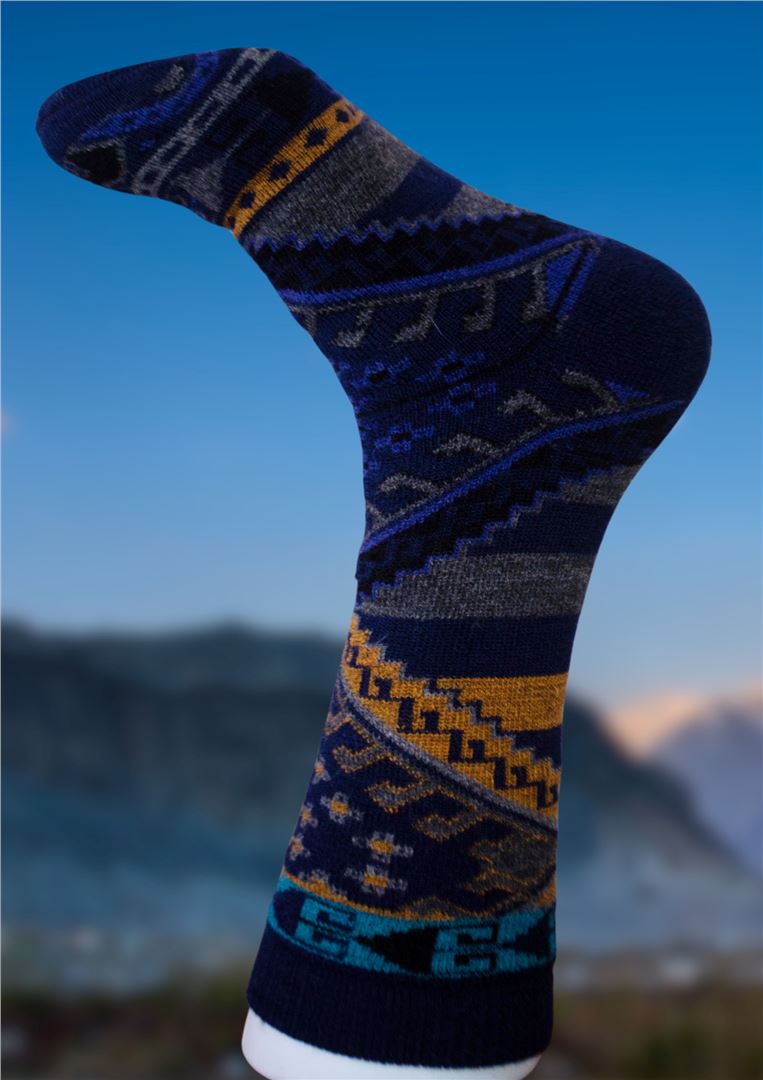 Navy alpaca sock with multicolor geometric stripe pattern