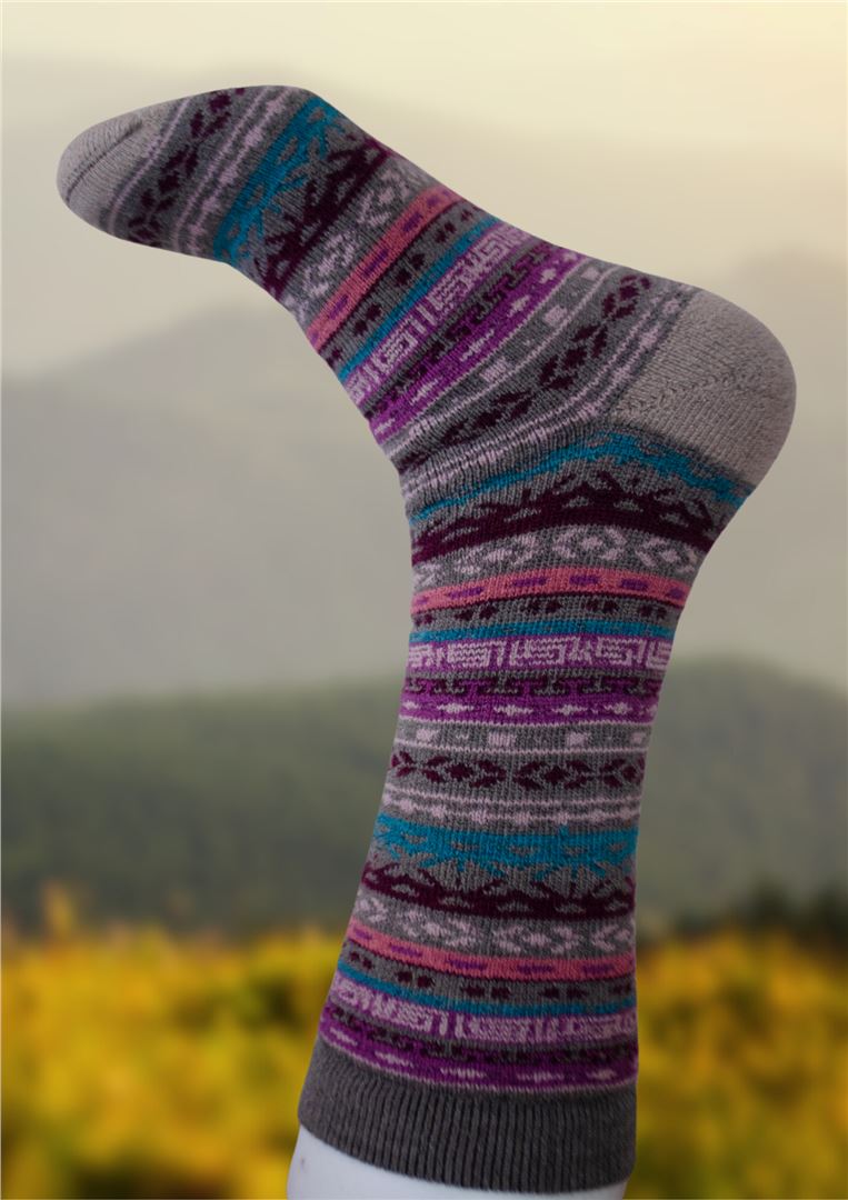 Gray alpaca sock with purple and teal patterned bands