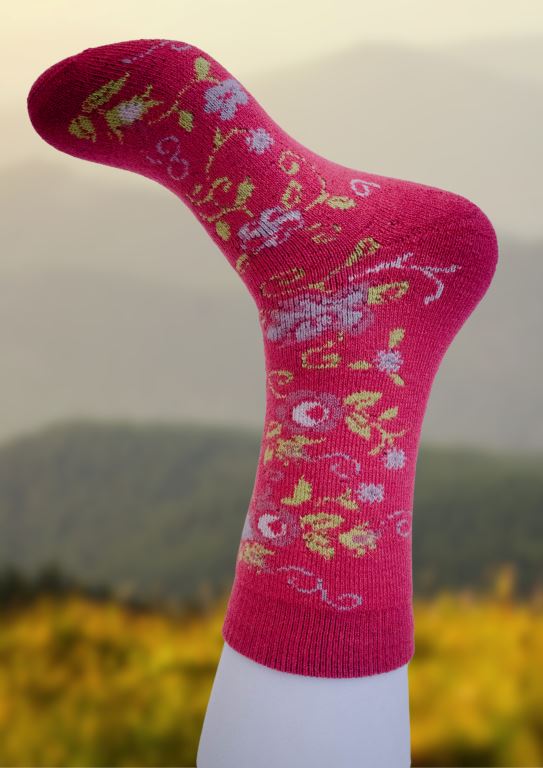 Magenta alpaca socks with yellow and light-green decorative motifs