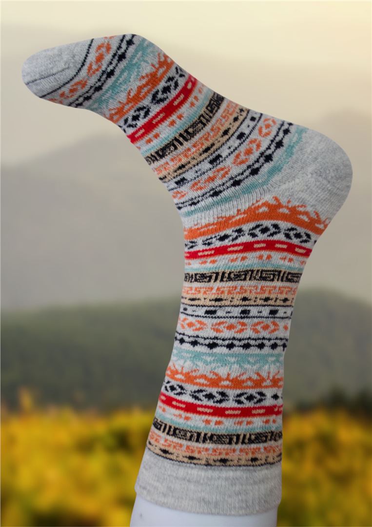 Light gray alpaca sock with orange and teal patterned stripes