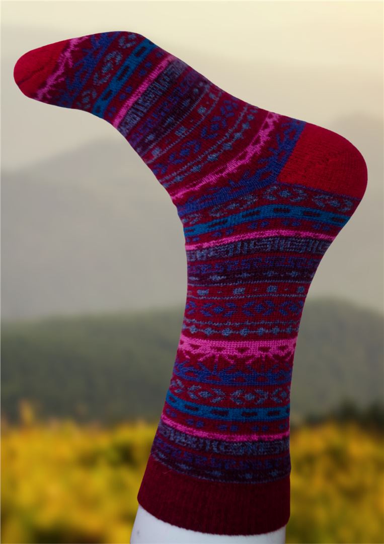 Magenta alpaca sock with dark and blue geometric pattern