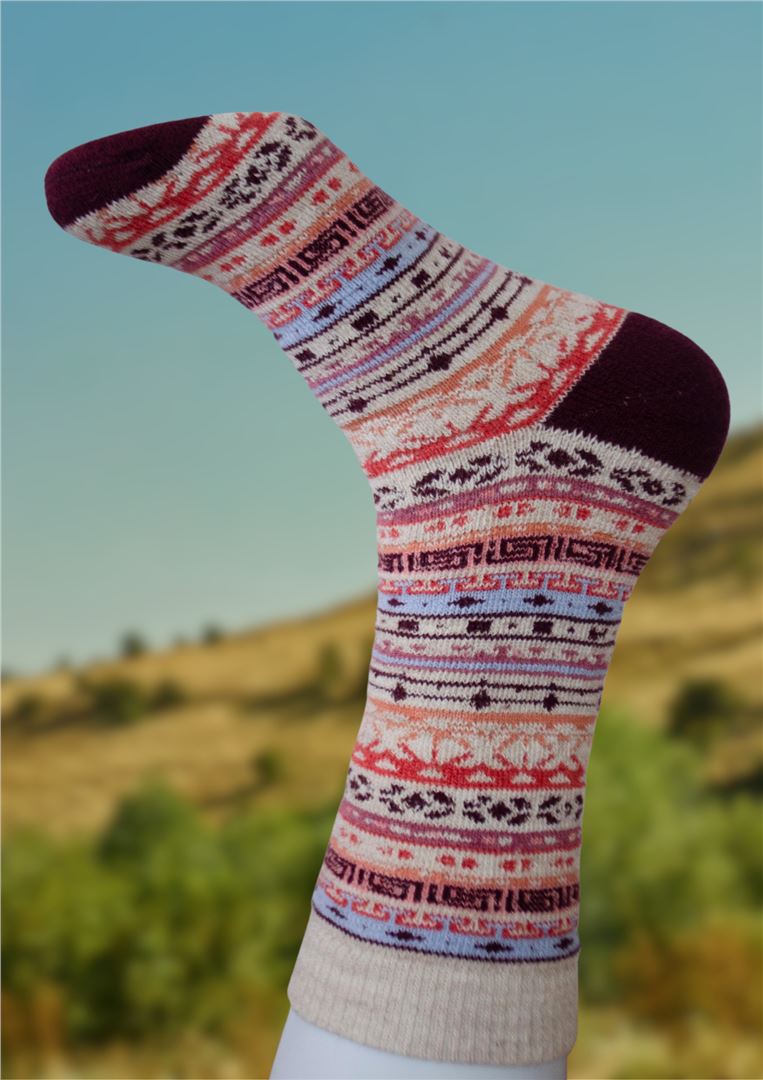 Cream alpaca sock with maroon and black geometric knit design
