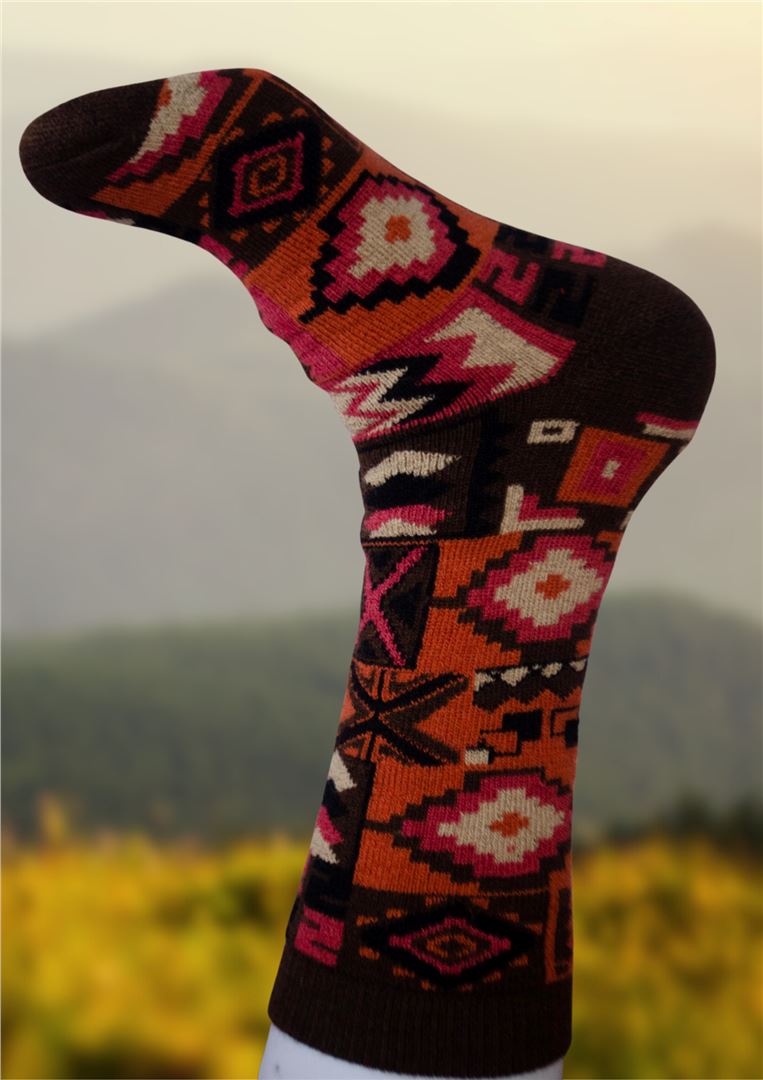 Black alpaca sock with multicolor geometric knit pattern