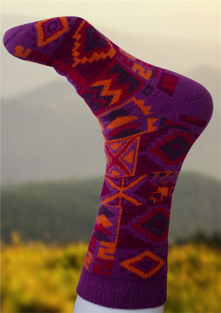 Purple alpaca sock with geometric pattern and diamond motifs
