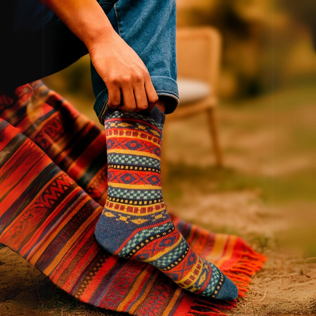 Alpaca socks in blue-gray with red and orange geometric knit design