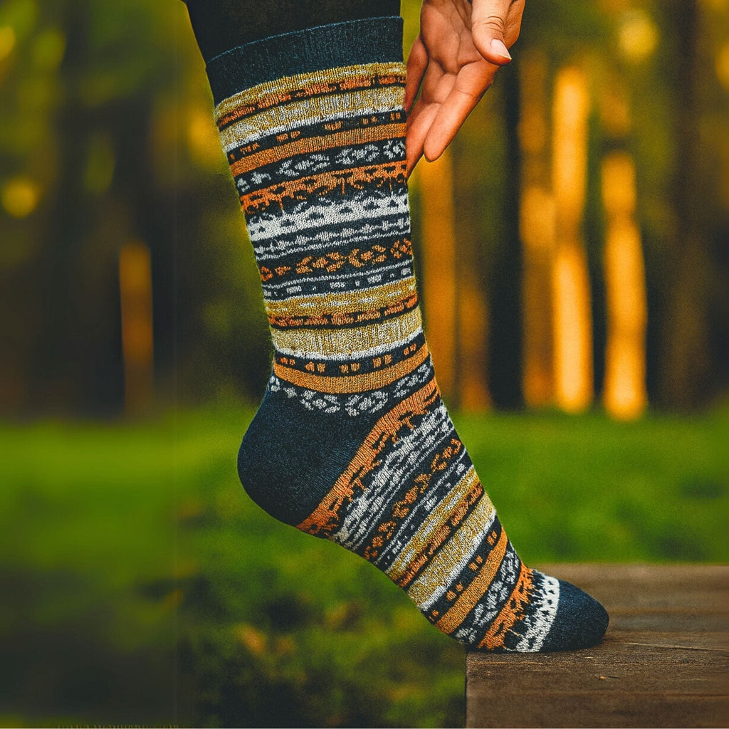Alpaca socks in dark navy with orange and cream striped knit pattern