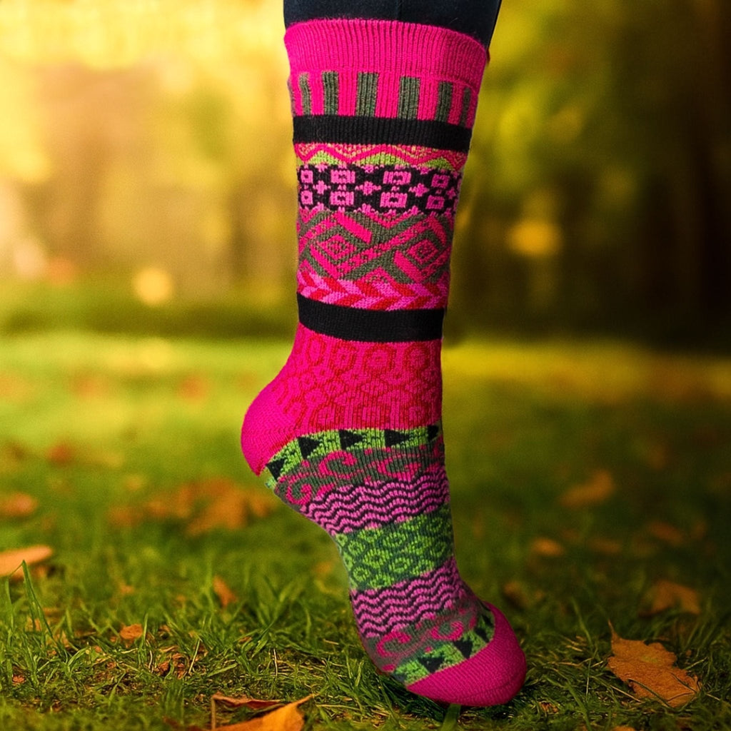 Alpaca socks in bright pink with purple and green geometric pattern