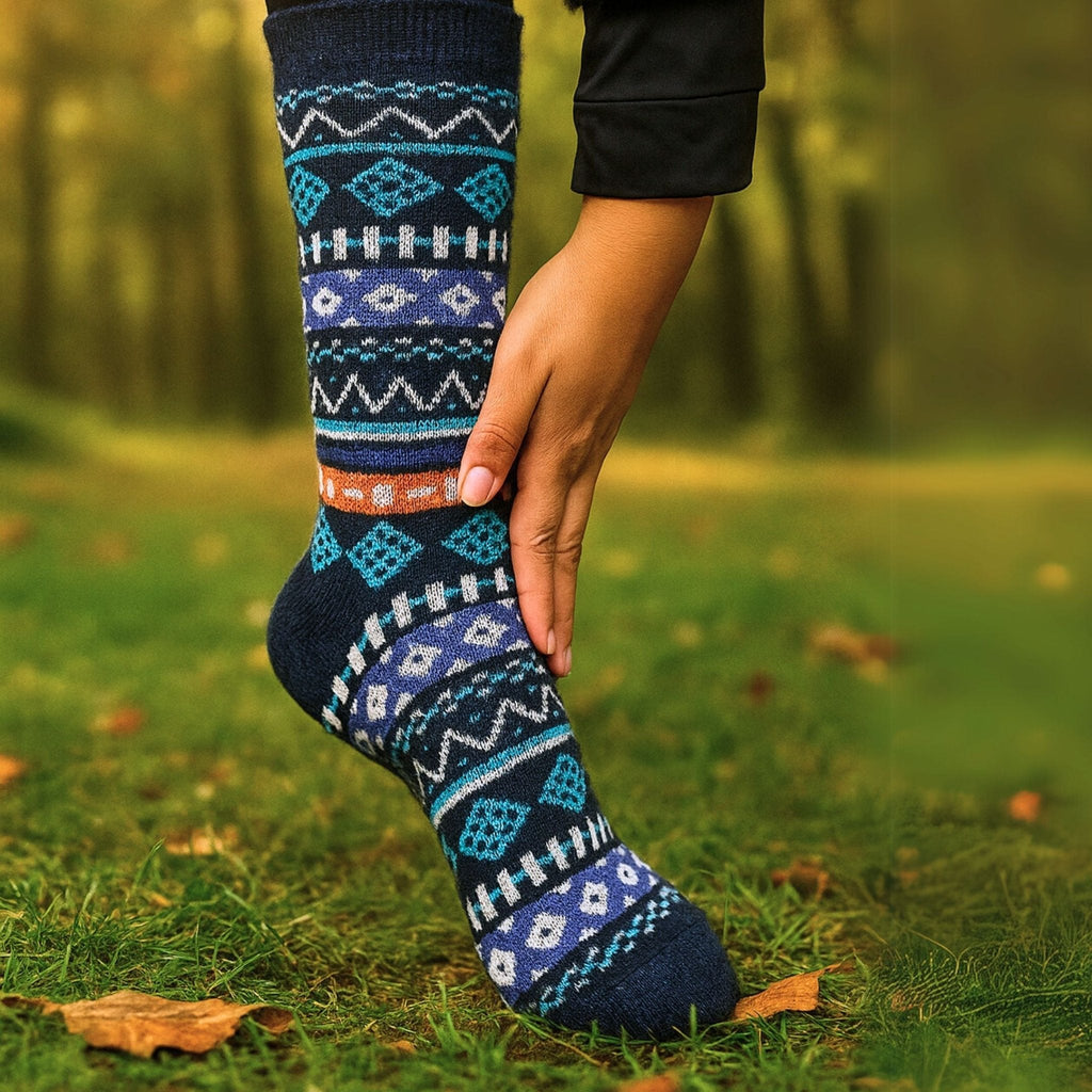 Alpaca socks in dark navy with blue and orange geometric knit motifs