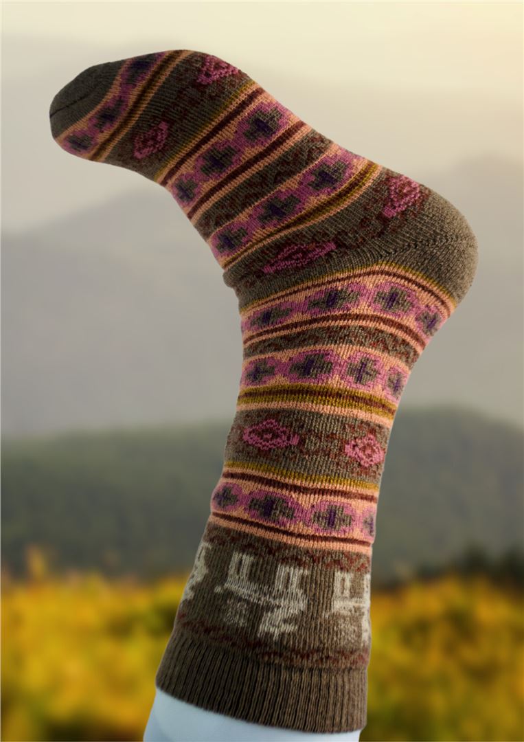 Alpaca socks in olive brown with purple and pink geometric bands, ribbed leg.