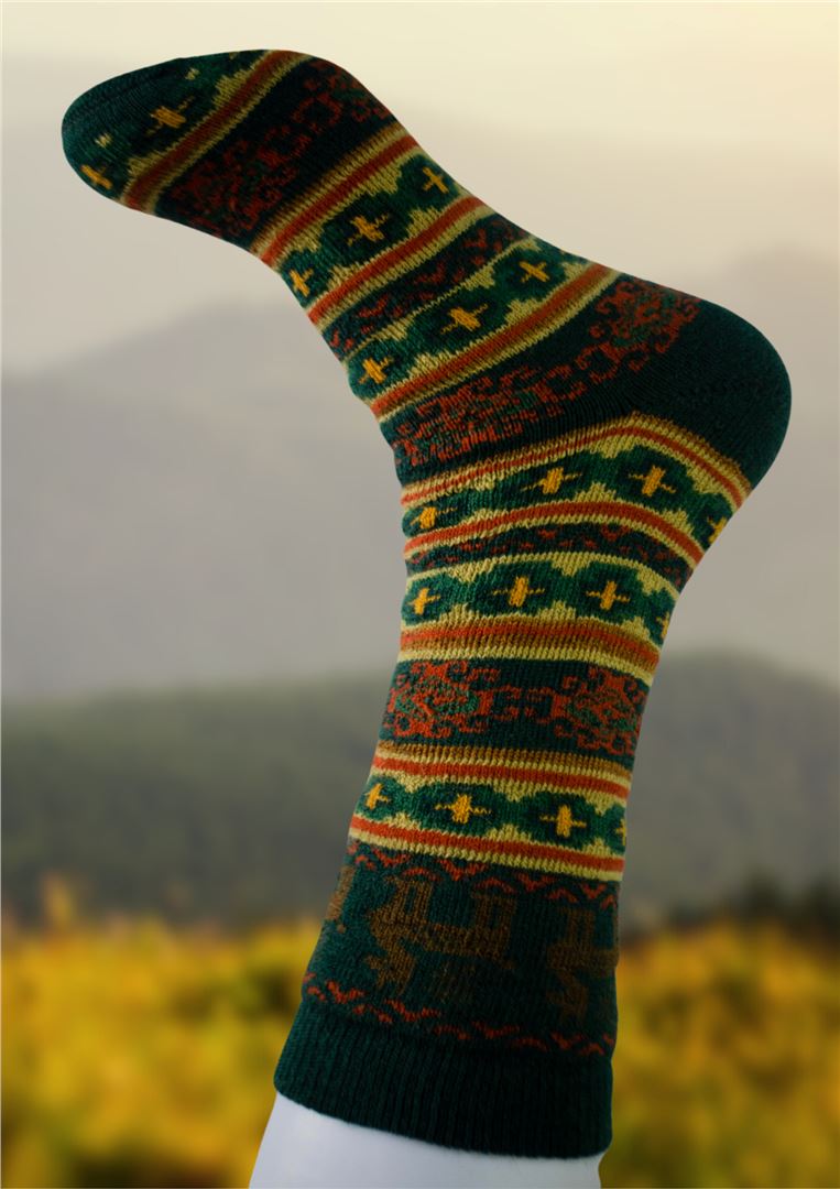 Alpaca socks in deep green with multicolor horizontal stripes and small pattern accents.