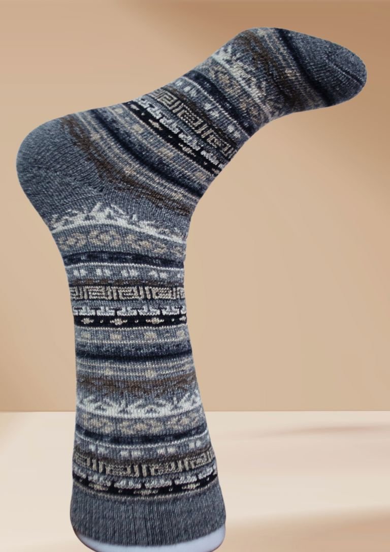 Alpaca socks in heather gray with black-and-white patterned bands