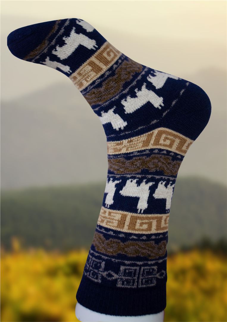 Alpaca socks in navy blue with white and tan geometric motifs, ribbed cuff.