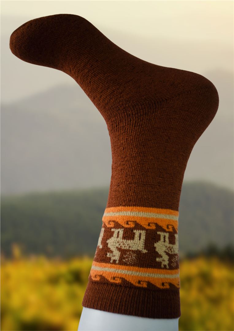 Alpaca socks in rich brown with orange stripe at cuff and dark motif detailing.