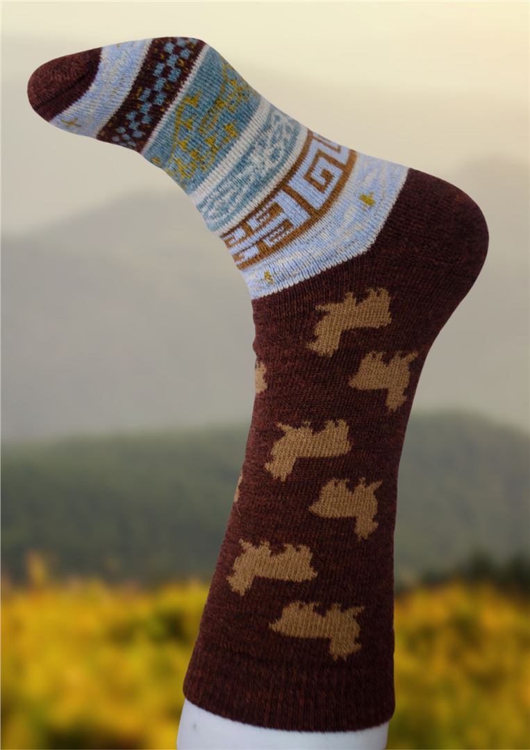 Alpaca socks with light blue cuff and cream yoke, brown knit with tan animal silhouettes.
