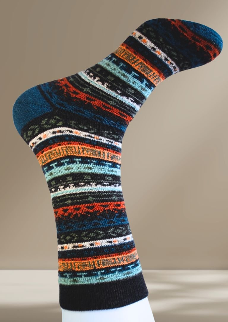 Dark knit alpaca socks with multicolor horizontal stripe pattern