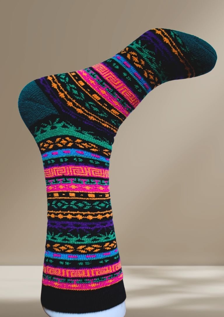 Teal alpaca socks with rainbow multicolor stripe and geometric bands