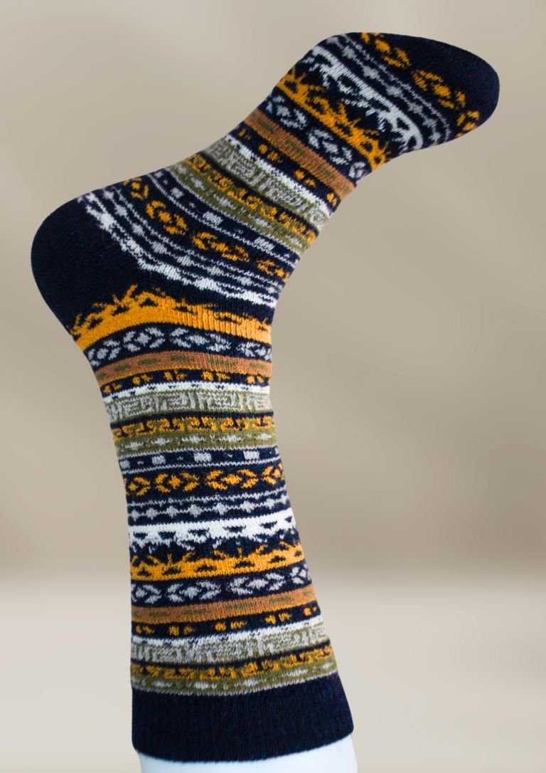 Navy alpaca socks with gray-and-yellow ikat stripe pattern